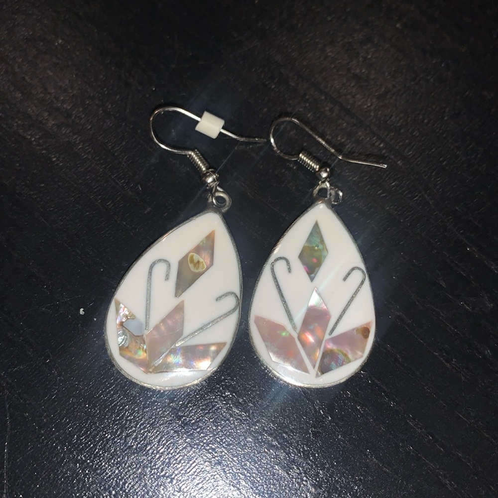 Enamel with inlaid mother of pearl design tear drop shape pierced earrings